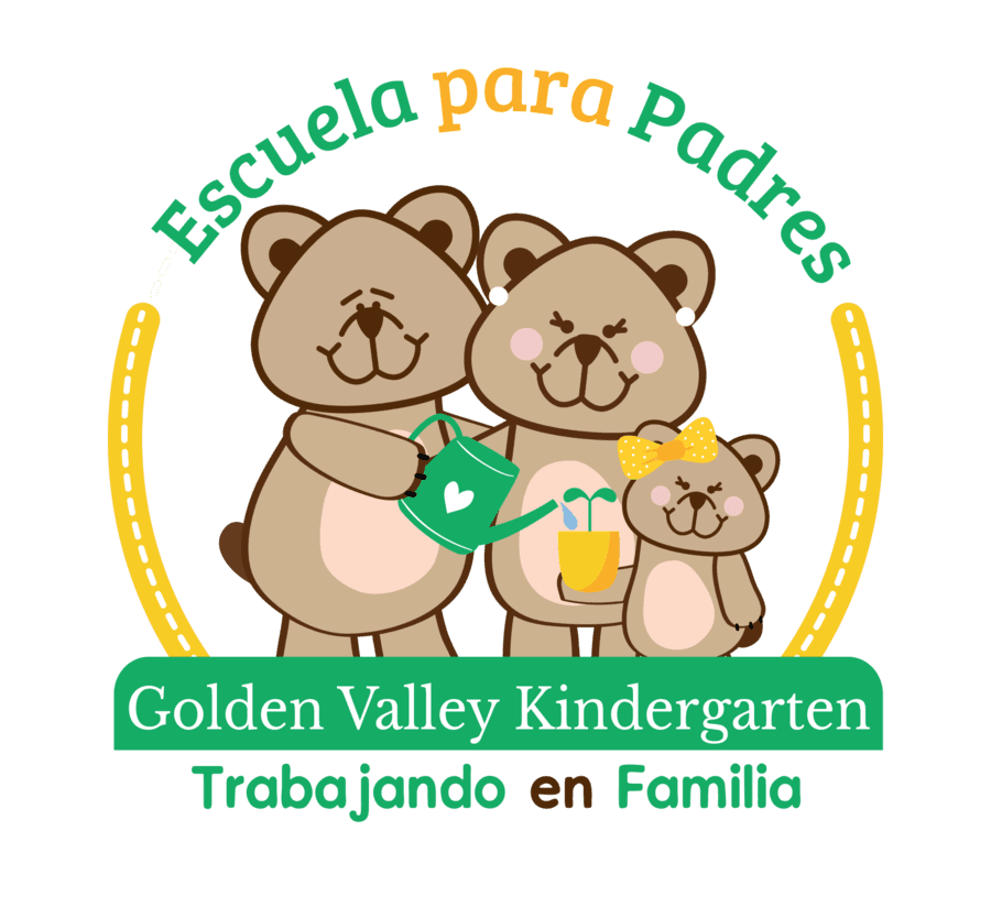 Emblema Escuela para Padres de Golden Valley Kindergarten: familia de ositos trabajando en familia